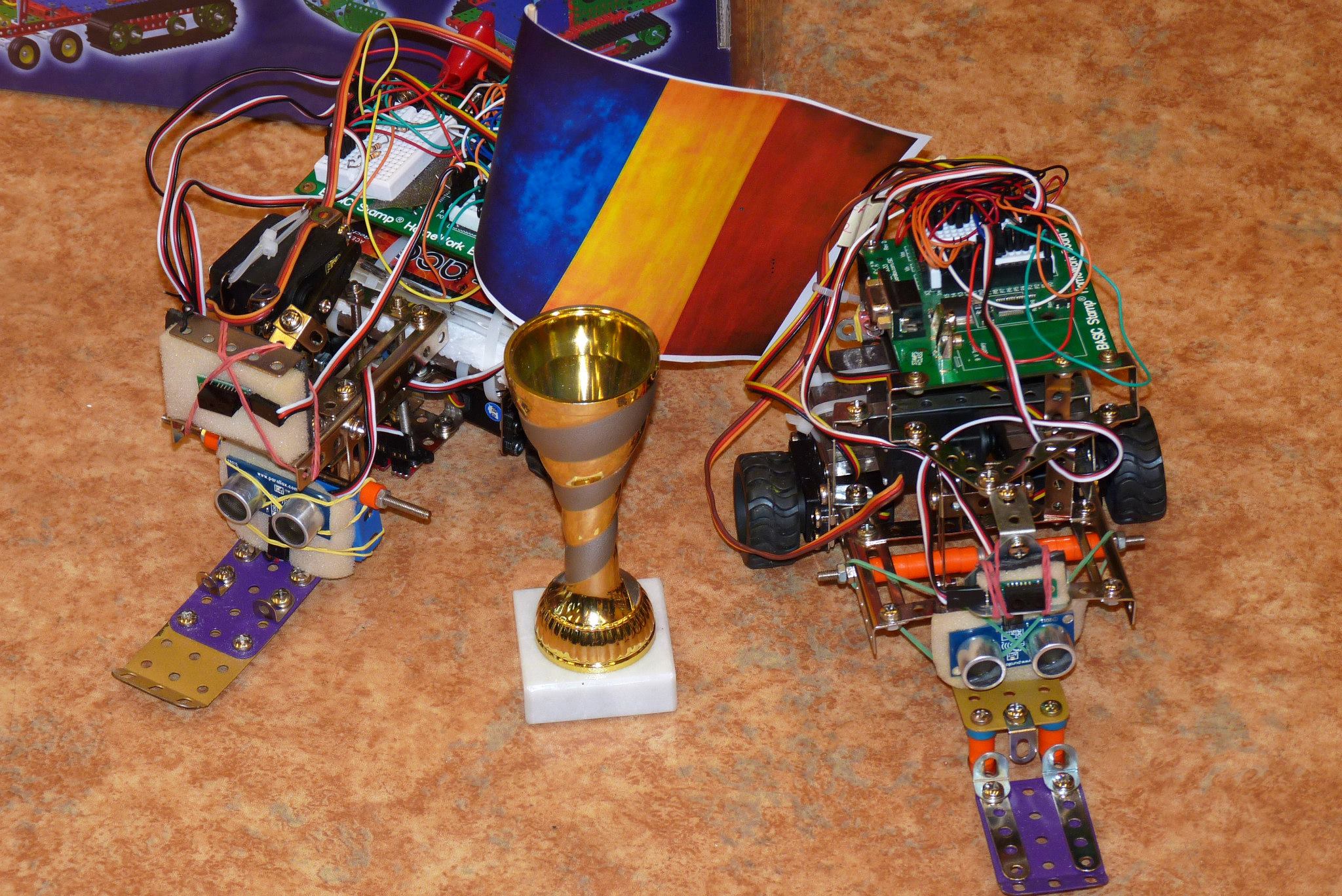 Race car robots and trophy