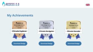 View of Climate Decoded online platform micro-badges page, with 3 shield badges, one in bronze, silver, and gold.